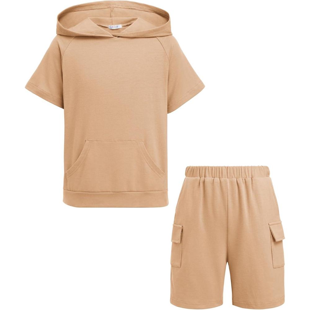 image:imageArshiner Boys 2 Piece Summer Outfits Letter Graphic Colorblock Short Sleeve Hoodie and Short Sets with Pockets 512 YearsKhaki