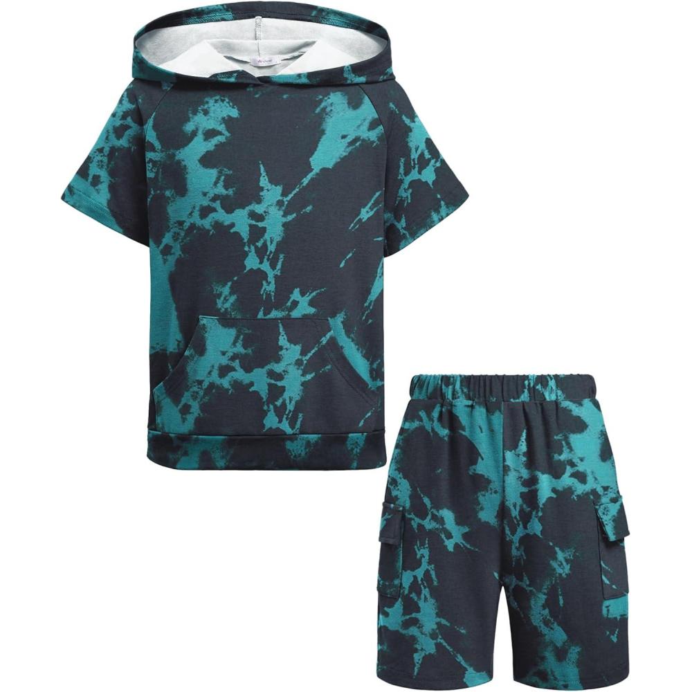 image:imageArshiner Boys 2 Piece Summer Outfits Letter Graphic Colorblock Short Sleeve Hoodie and Short Sets with Pockets 512 YearsTiedye  Blue