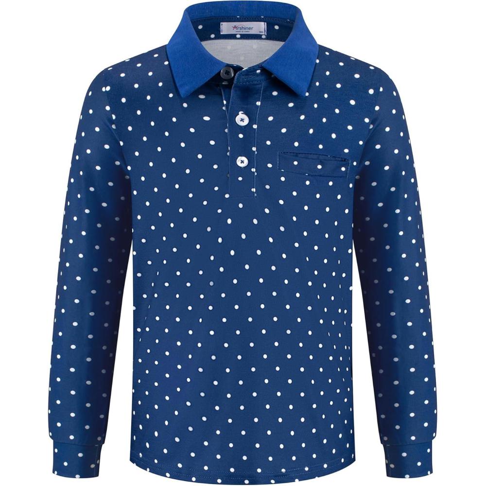 image:imageArshiner Boys Long Sleeve Plaid Trim Polo Shirt School Uniform Shirt with PocketNavy White Dots