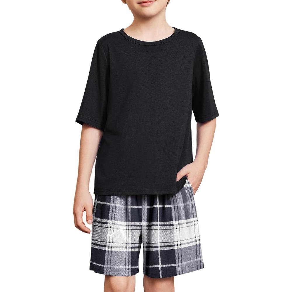 image:imageArshiner Boys Pajamas Short Sleeve Top and Shorts 2 Piece Pajama Sets Loose Fit Soft Breathable Cute Pjs 413 YearsBlack Plaid
