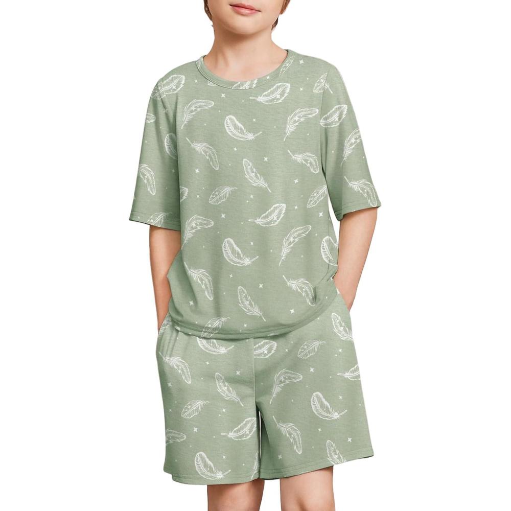 image:imageArshiner Boys Pajamas Short Sleeve Top and Shorts 2 Piece Pajama Sets Loose Fit Soft Breathable Cute Pjs 413 YearsGreen Feather