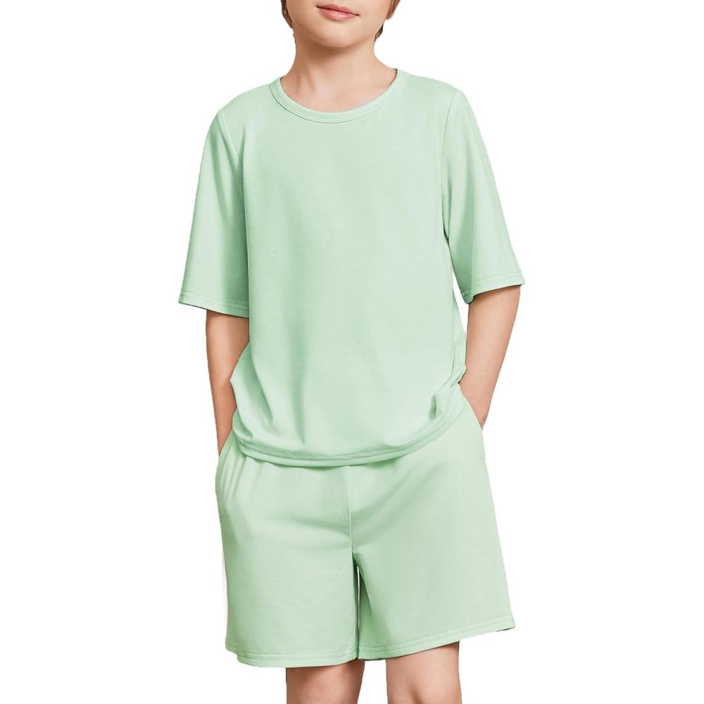 image:imageArshiner Boys Pajamas Short Sleeve Top and Shorts 2 Piece Pajama Sets Loose Fit Soft Breathable Cute Pjs 413 YearsLight Green