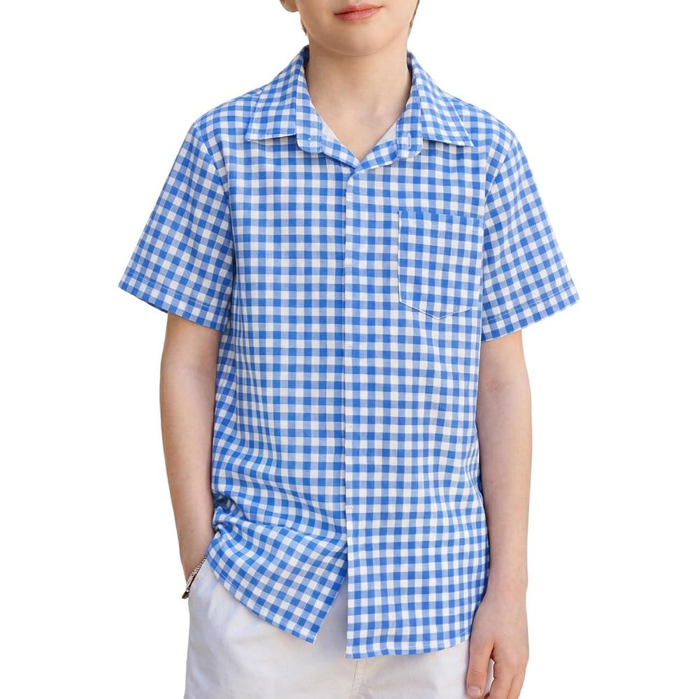 image:imageArshiner Boys Short Sleeve Dress Shirts Solid Button Down Shirts Summer Formal Uniform Shirt with PocketBlue White Plaid