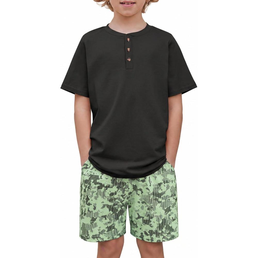 image:imageArshiner Boys Summer Clothing Sets 3button Short Sleeve Tee and Shorts Casual Outfits for 512 YearsBlack Neon Green