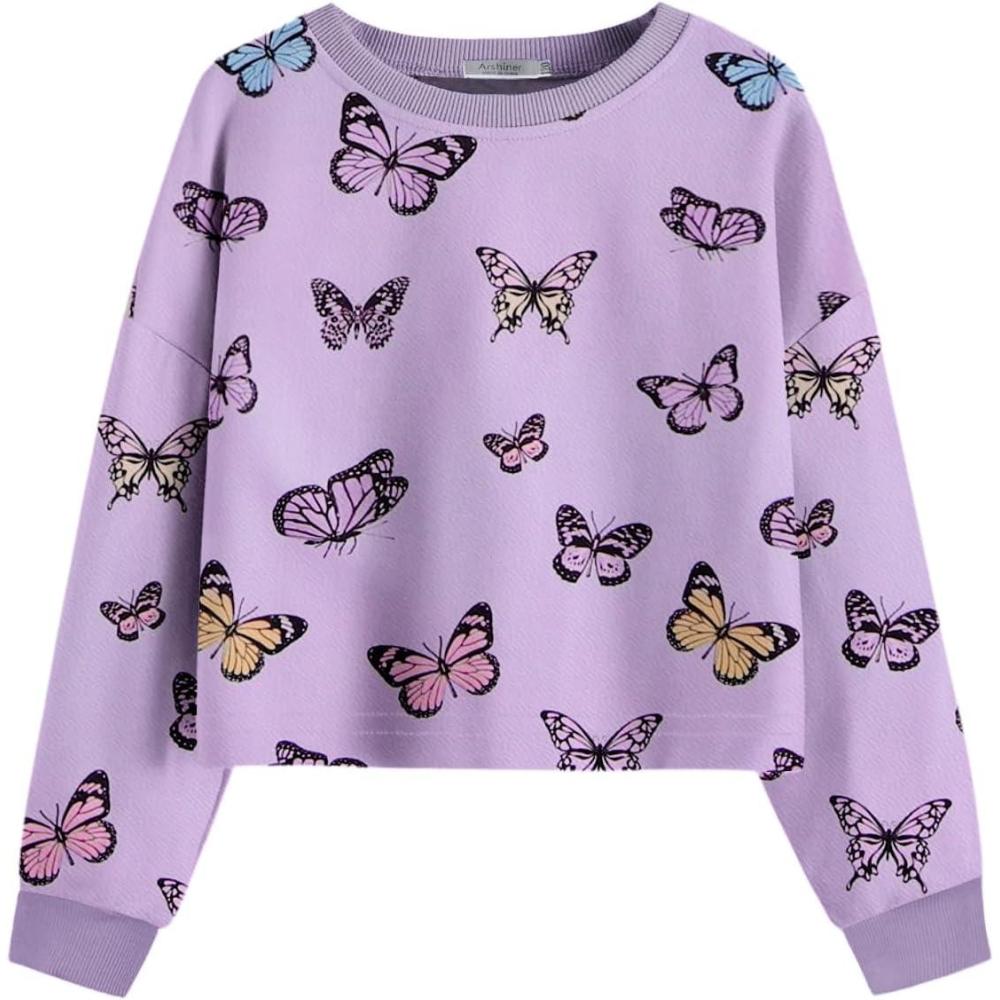 image:imageArshiner Girls Crop Tops Kids Long Sleeve Pullover Sweatshirts Girls Cropped Crewneck Sweatshirt for Teen GirlButterfly Purple