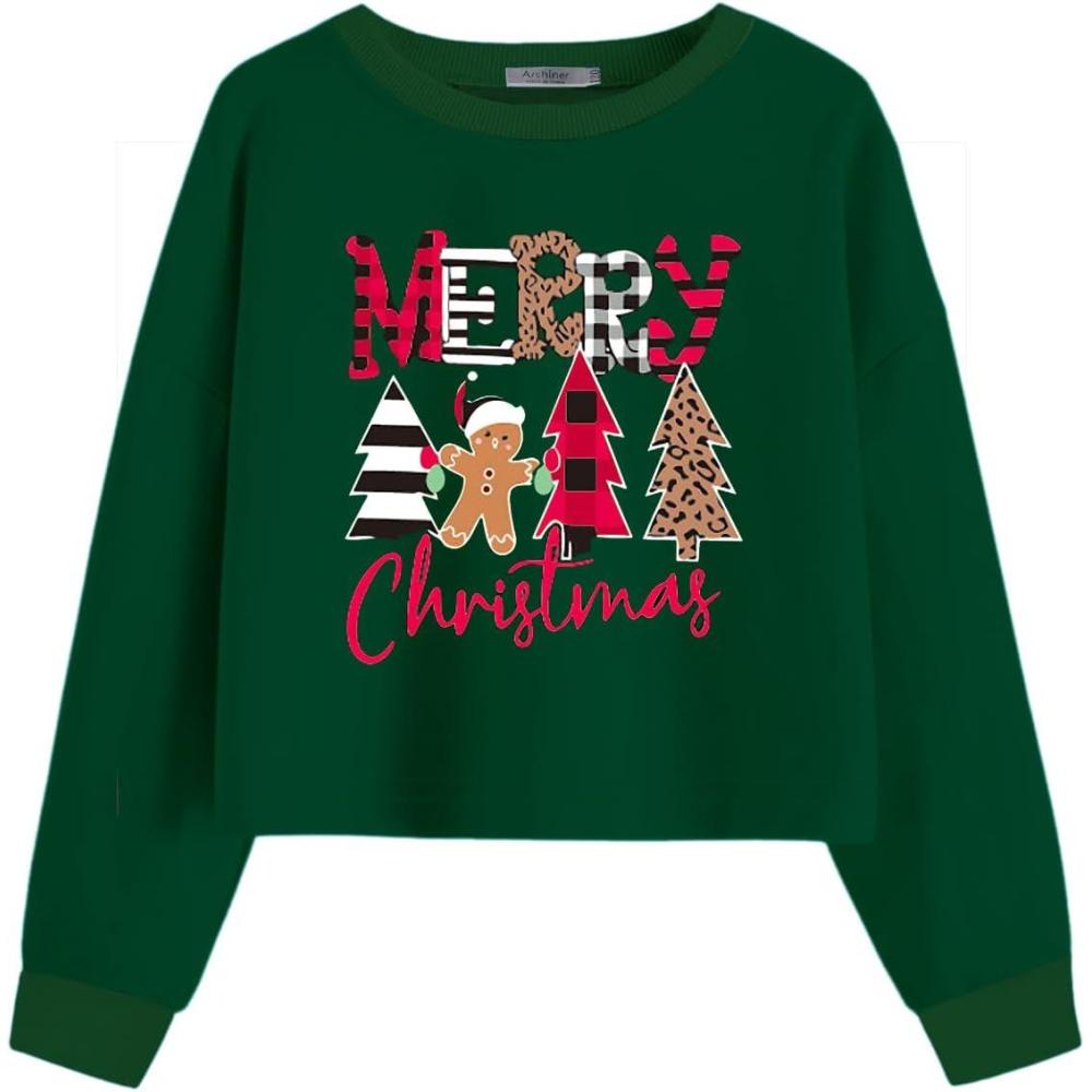 image:imageArshiner Girls Crop Tops Kids Long Sleeve Pullover Sweatshirts Girls Cropped Crewneck Sweatshirt for Teen GirlChristmas Tree