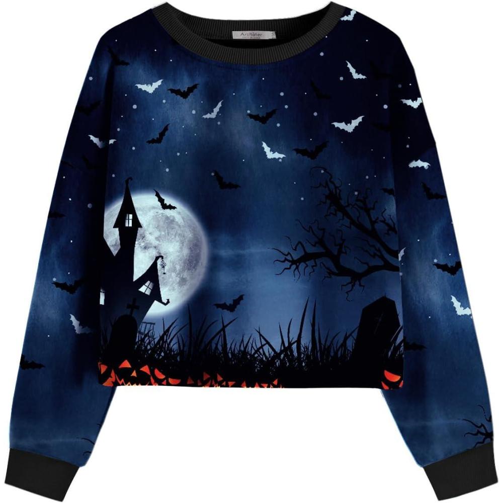 image:imageArshiner Girls Crop Tops Kids Long Sleeve Pullover Sweatshirts Girls Cropped Crewneck Sweatshirt for Teen GirlHalloween Bat