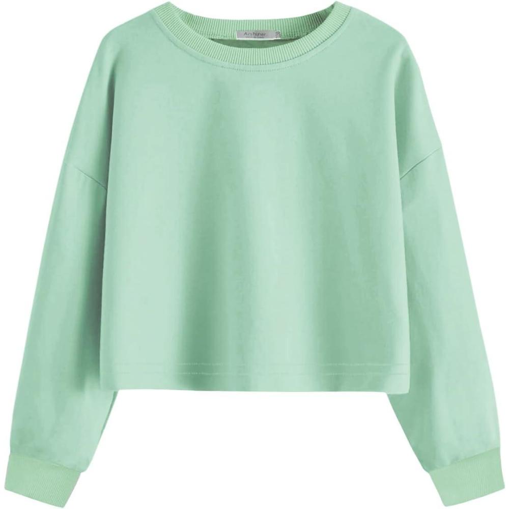 image:imageArshiner Girls Crop Tops Kids Long Sleeve Pullover Sweatshirts Girls Cropped Crewneck Sweatshirt for Teen GirlLight Green
