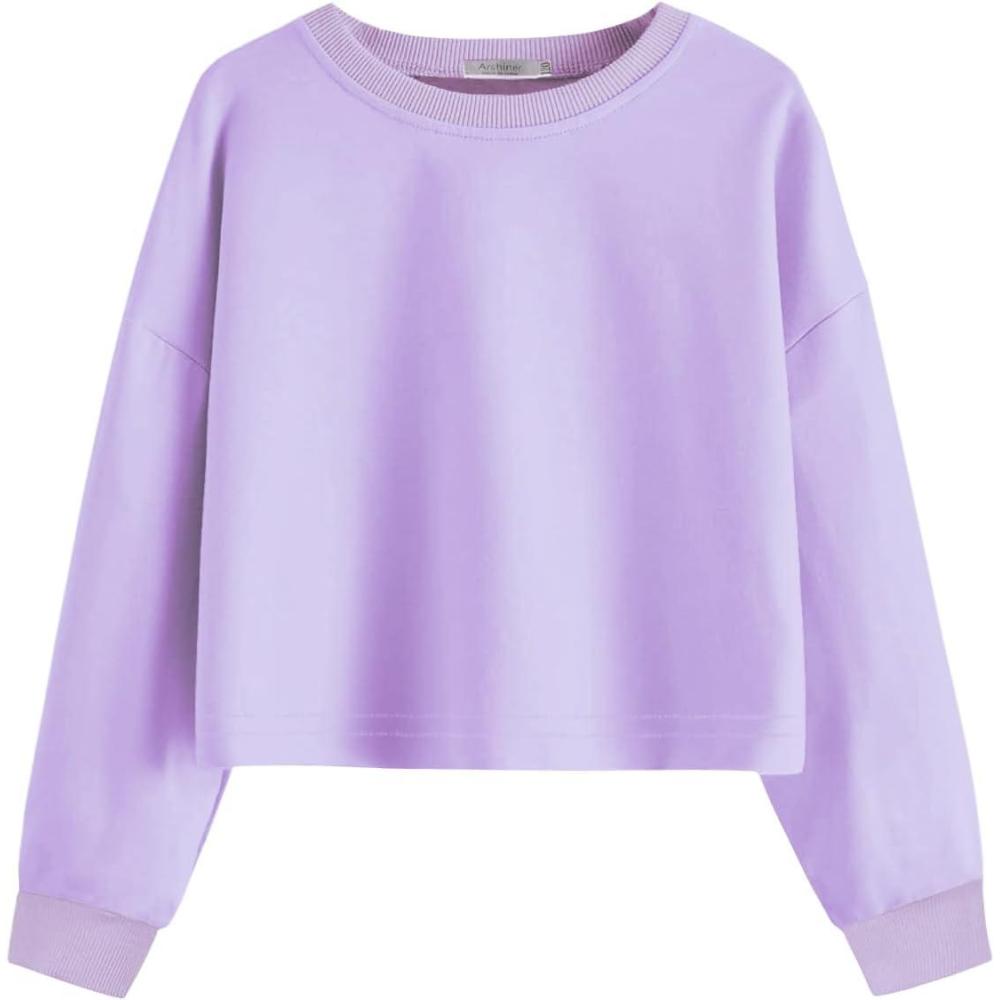 image:imageArshiner Girls Crop Tops Kids Long Sleeve Pullover Sweatshirts Girls Cropped Crewneck Sweatshirt for Teen GirlLight Purple