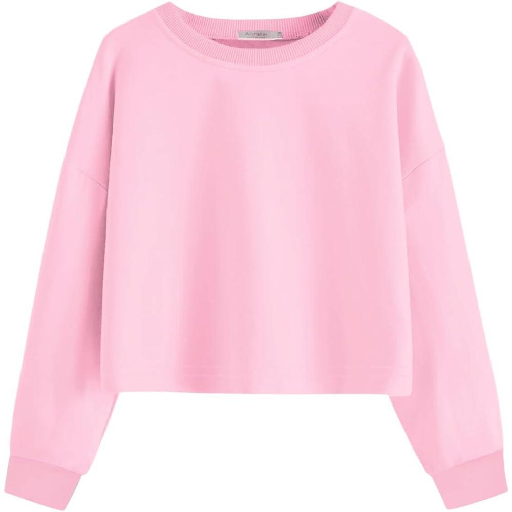 image:imageArshiner Girls Crop Tops Kids Long Sleeve Pullover Sweatshirts Girls Cropped Crewneck Sweatshirt for Teen GirlPink