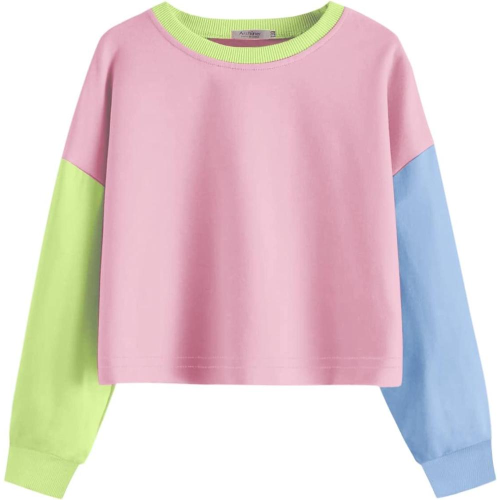 image:imageArshiner Girls Crop Tops Kids Long Sleeve Pullover Sweatshirts Girls Cropped Crewneck Sweatshirt for Teen GirlPink Patchwork