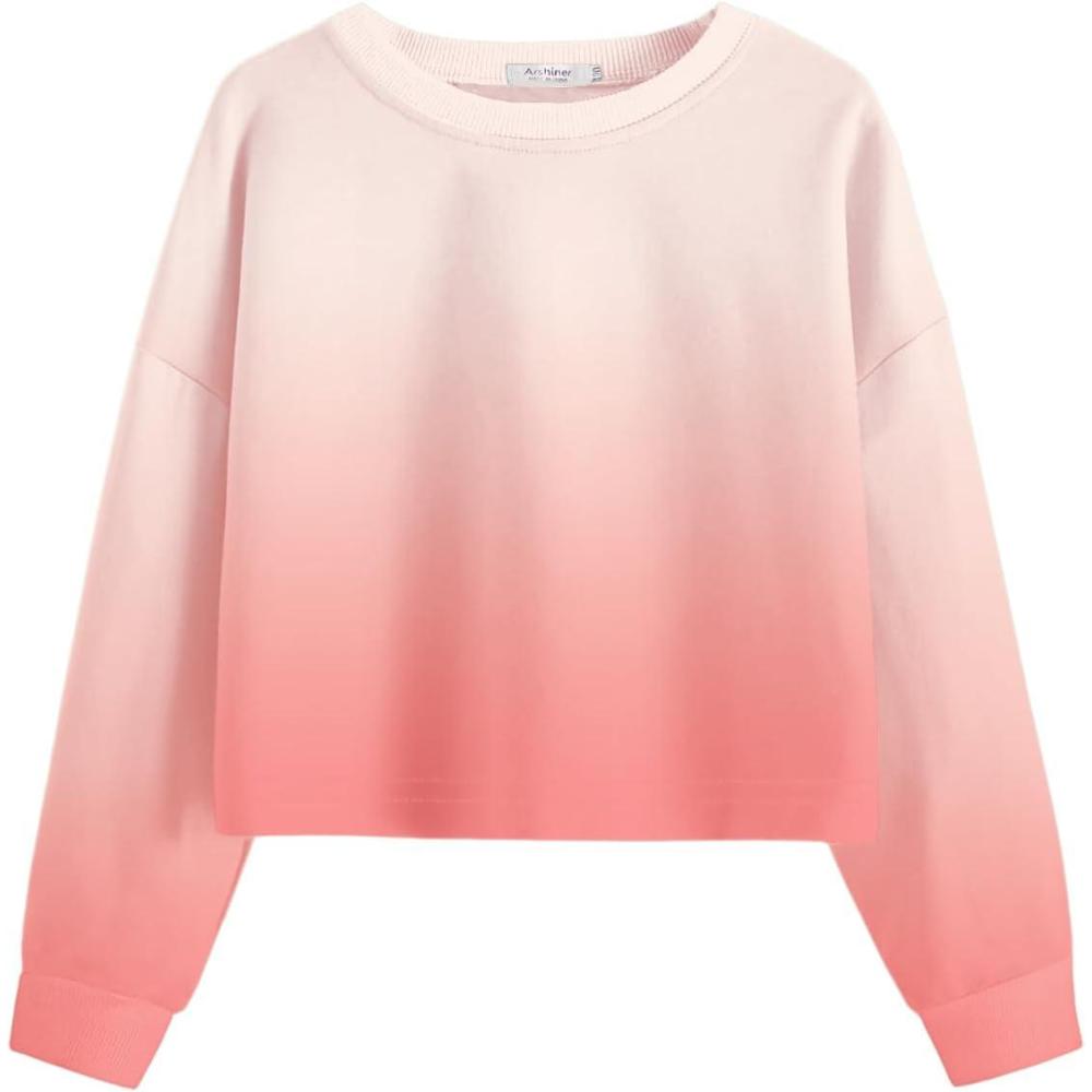 image:imageArshiner Girls Crop Tops Kids Long Sleeve Pullover Sweatshirts Girls Cropped Crewneck Sweatshirt for Teen GirlPink White