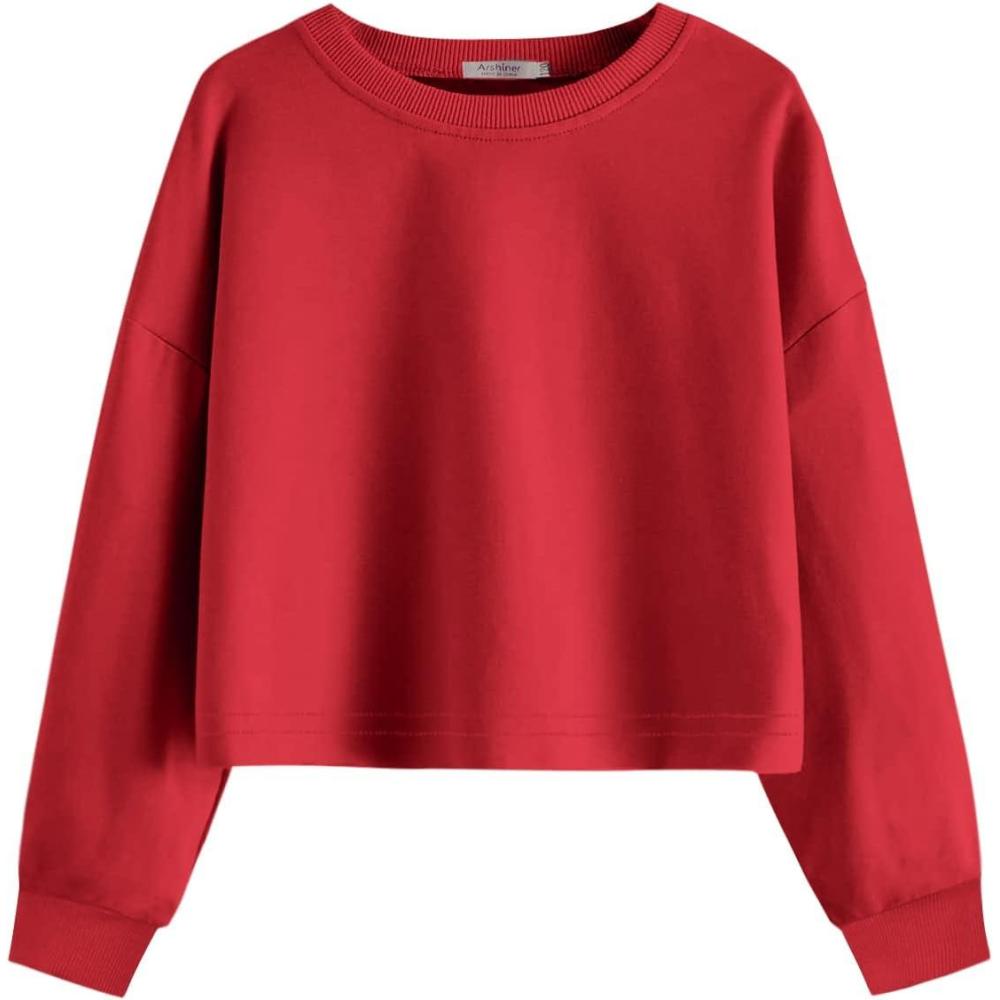 image:imageArshiner Girls Crop Tops Kids Long Sleeve Pullover Sweatshirts Girls Cropped Crewneck Sweatshirt for Teen GirlRed