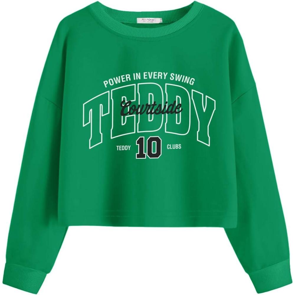 image:imageArshiner Girls Crop Tops Kids Long Sleeve Pullover Sweatshirts Girls Cropped Crewneck Sweatshirt for Teen GirlWhite Teddy