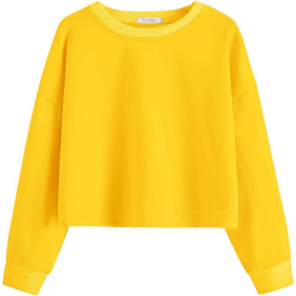 image:imageArshiner Girls Crop Tops Kids Long Sleeve Pullover Sweatshirts Girls Cropped Crewneck Sweatshirt for Teen GirlYellow
