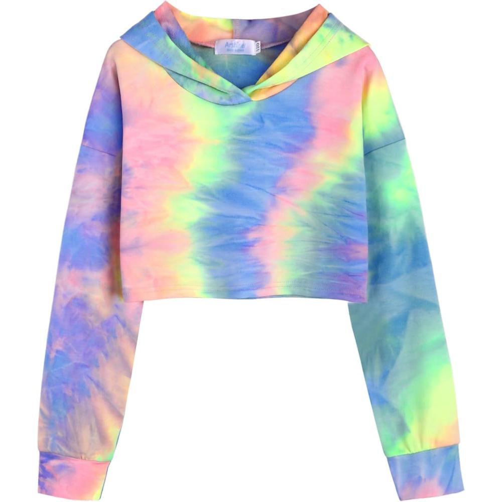 image:imageArshiner Girls Cropped Hoodie Kids Long Sleeve Crop Tops Tiedye Hoodies Hooded Pullover SweatshirtsAfluorescent Green Blue