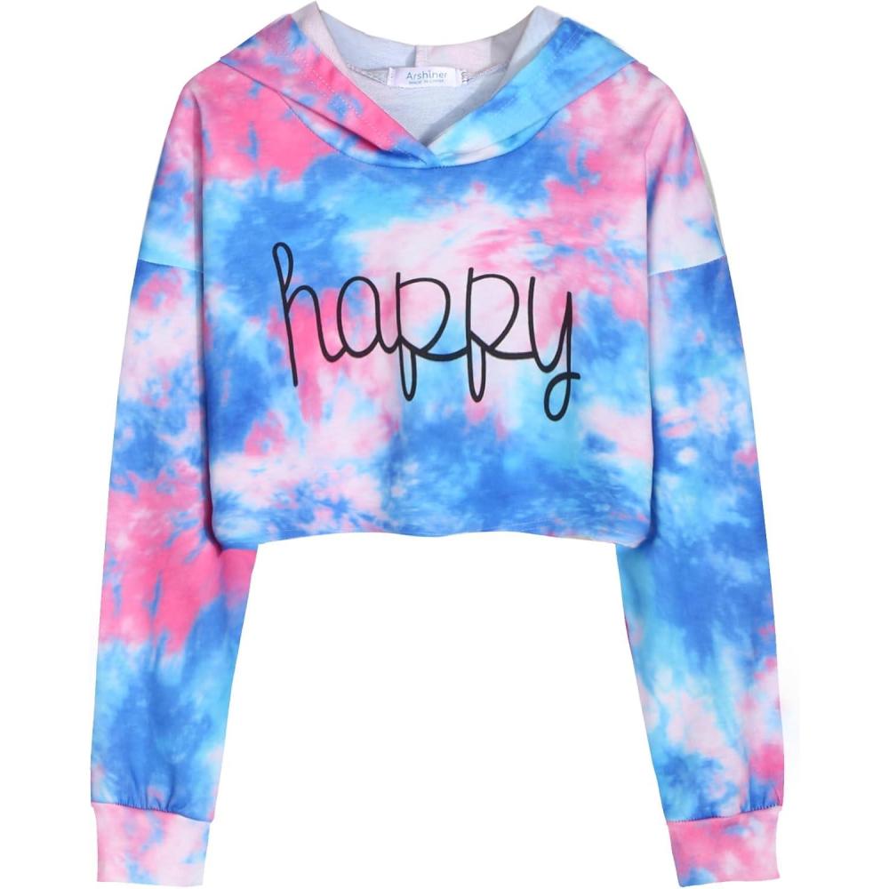 image:imageArshiner Girls Cropped Hoodie Kids Long Sleeve Crop Tops Tiedye Hoodies Hooded Pullover SweatshirtsBlue  Pink