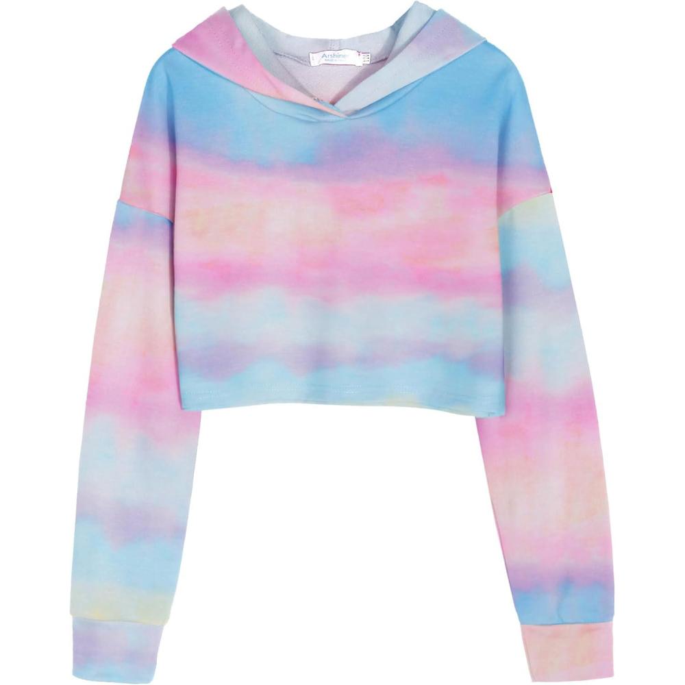 image:imageArshiner Girls Cropped Hoodie Kids Long Sleeve Crop Tops Tiedye Hoodies Hooded Pullover SweatshirtsGradient Blue Pink