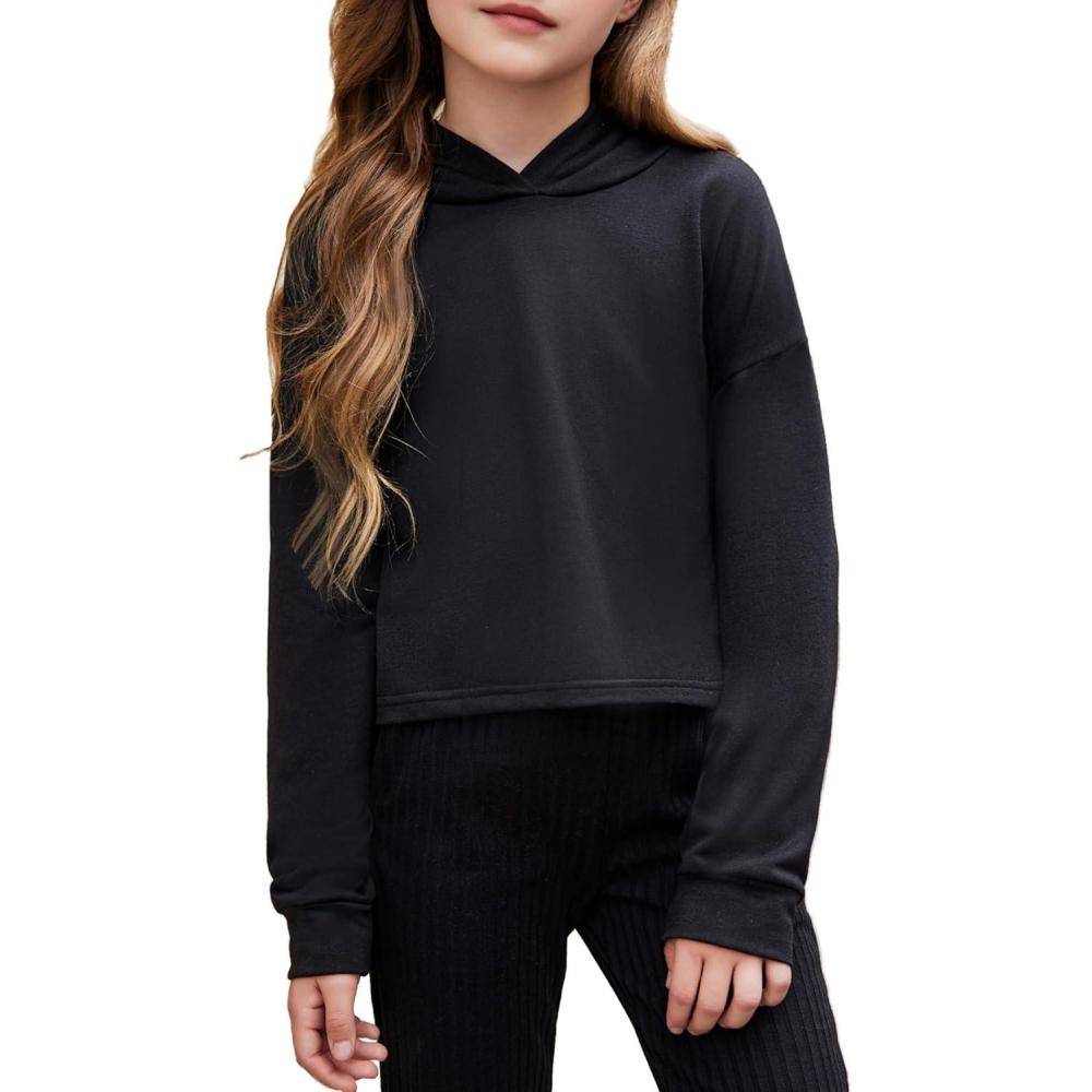 image:imageArshiner Girls Cropped Hoodie Kids Long Sleeve Crop Tops Tiedye Hoodies Hooded Pullover SweatshirtsPure Black