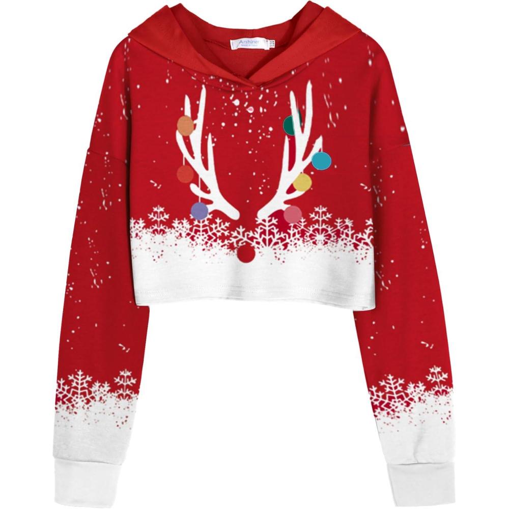 image:imageArshiner Girls Cropped Hoodie Kids Long Sleeve Crop Tops Tiedye Hoodies Hooded Pullover SweatshirtsSnowflake Print Red