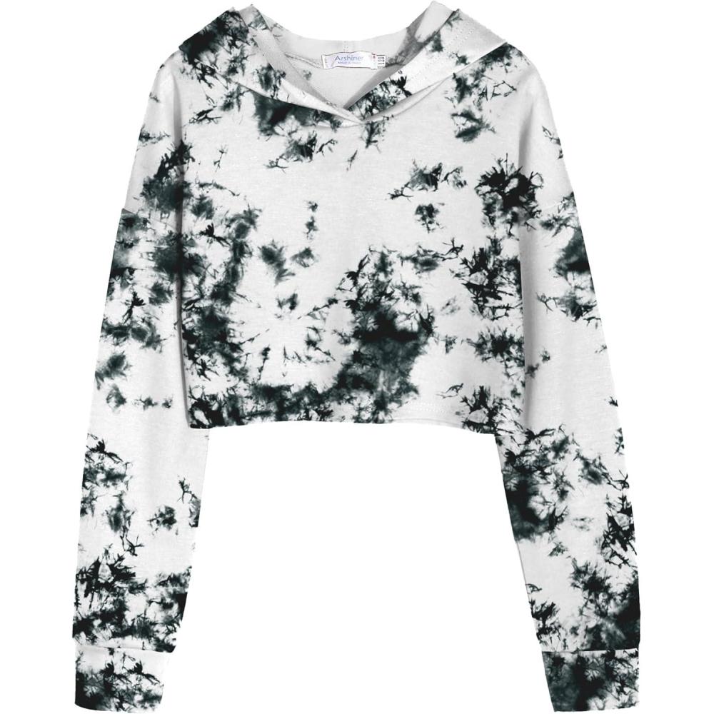 image:imageArshiner Girls Cropped Hoodie Kids Long Sleeve Crop Tops Tiedye Hoodies Hooded Pullover SweatshirtsTiedye Black