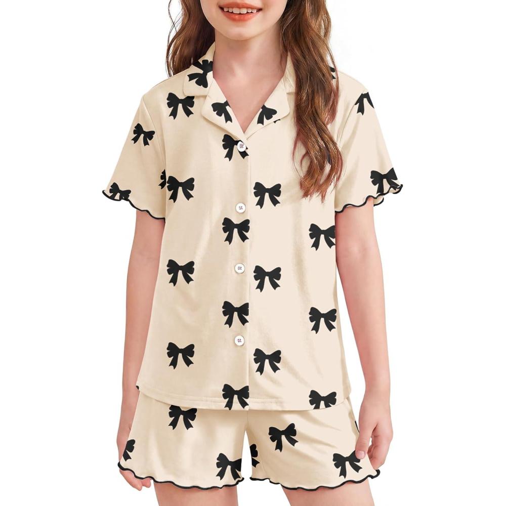 image:imageArshiner Girls Pajamas Button Down Short Set Cute Pjs Soft Sleepwear LoungewearBlack Bow