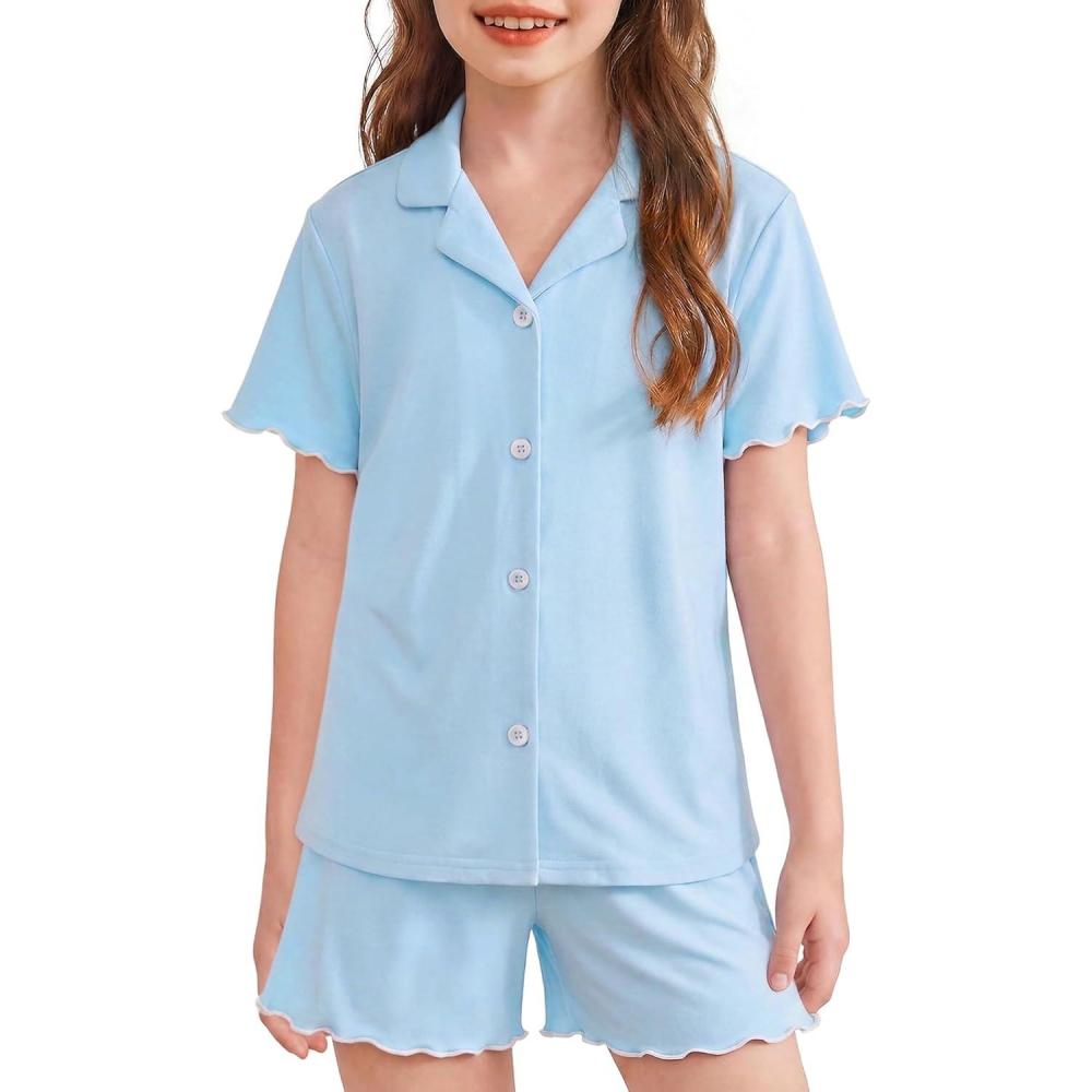 image:imageArshiner Girls Pajamas Button Down Short Set Cute Pjs Soft Sleepwear LoungewearBlue