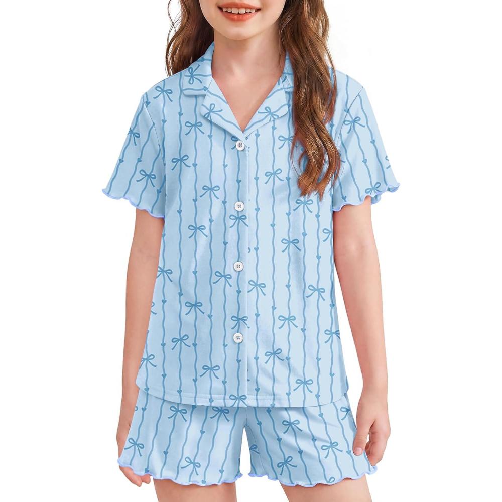image:imageArshiner Girls Pajamas Button Down Short Set Cute Pjs Soft Sleepwear LoungewearBlue Striped Bow