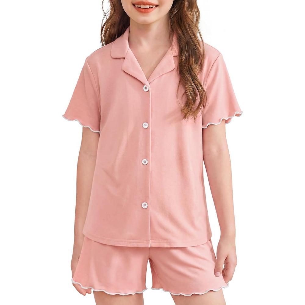 image:imageArshiner Girls Pajamas Button Down Short Set Cute Pjs Soft Sleepwear LoungewearLight Pink