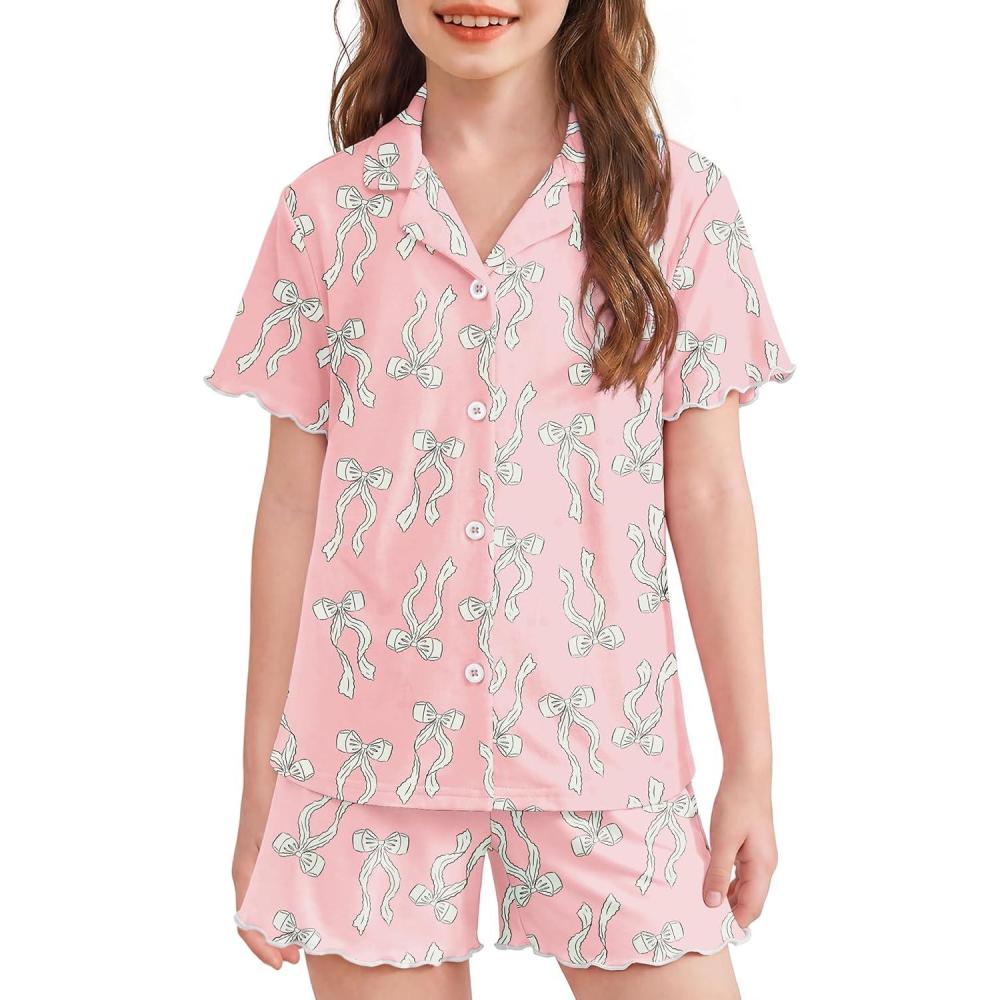 image:imageArshiner Girls Pajamas Button Down Short Set Cute Pjs Soft Sleepwear LoungewearPink Bow