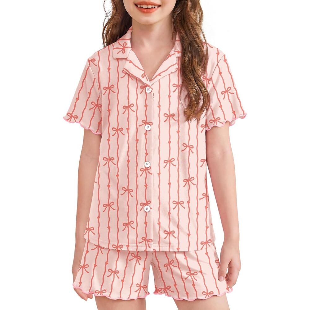 image:imageArshiner Girls Pajamas Button Down Short Set Cute Pjs Soft Sleepwear LoungewearPink Striped Bow