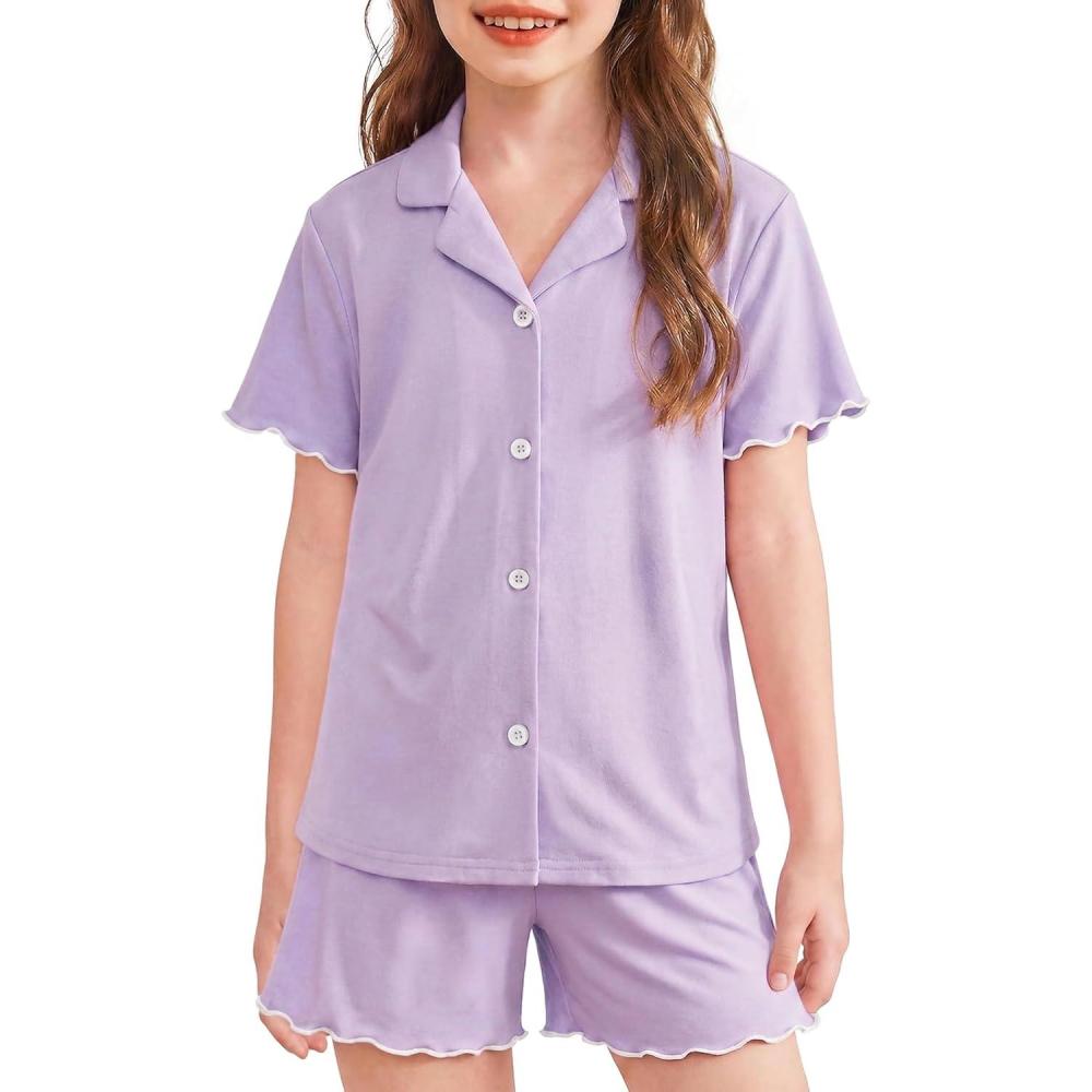 image:imageArshiner Girls Pajamas Button Down Short Set Cute Pjs Soft Sleepwear LoungewearPurple