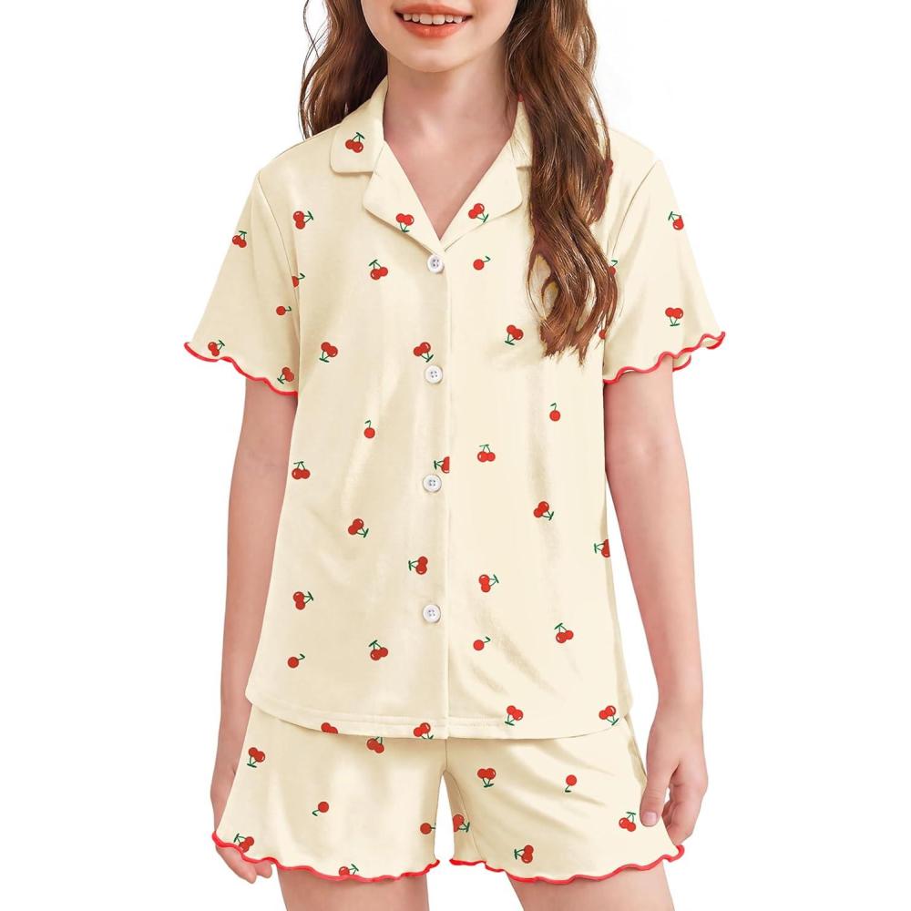 image:imageArshiner Girls Pajamas Button Down Short Set Cute Pjs Soft Sleepwear LoungewearYellow Cherry