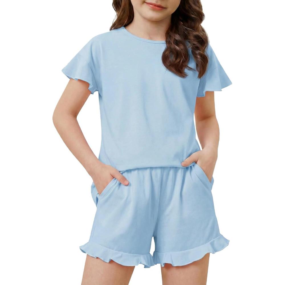 image:imageArshiner Girls Pajamas Ruffle Short Sets Summer Sleepwear Soft Clothes Kids PjsBlue