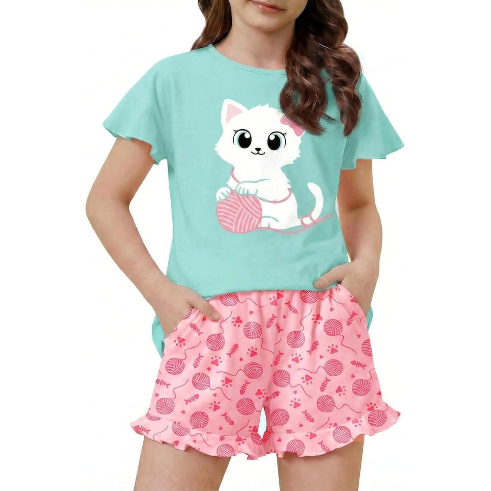 image:imageArshiner Girls Pajamas Ruffle Short Sets Summer Sleepwear Soft Clothes Kids PjsGreen Cat