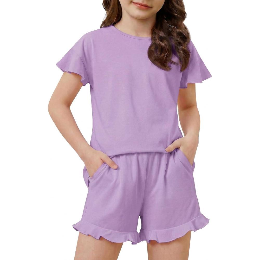 image:imageArshiner Girls Pajamas Ruffle Short Sets Summer Sleepwear Soft Clothes Kids PjsPurple