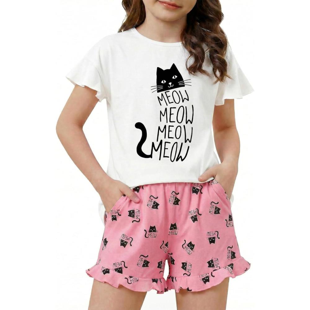 image:imageArshiner Girls Pajamas Ruffle Short Sets Summer Sleepwear Soft Clothes Kids PjsWhite Cat