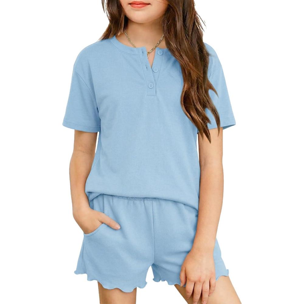 image:imageArshiner Girls Pajamas Short Sleeve Button Pjs Cute Lettuce Loungewear Tie Dye SleepwearBlue