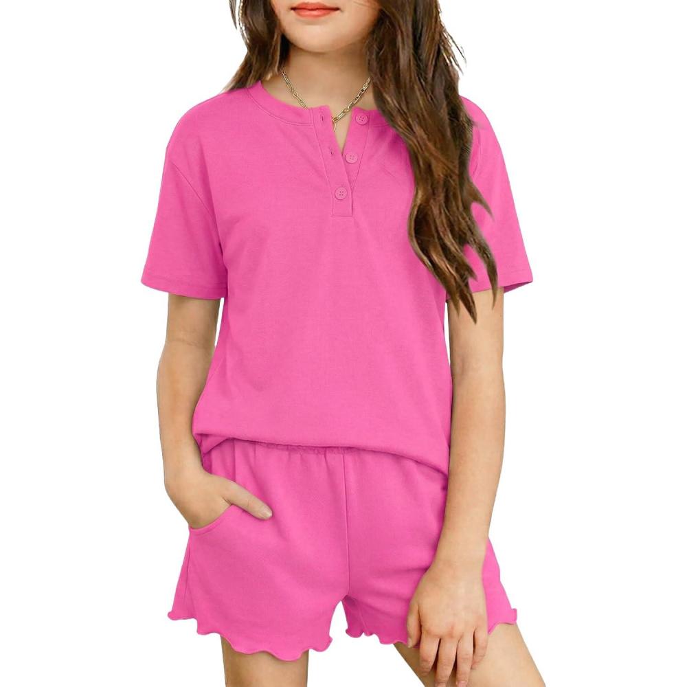 image:imageArshiner Girls Pajamas Short Sleeve Button Pjs Cute Lettuce Loungewear Tie Dye SleepwearHot Pink