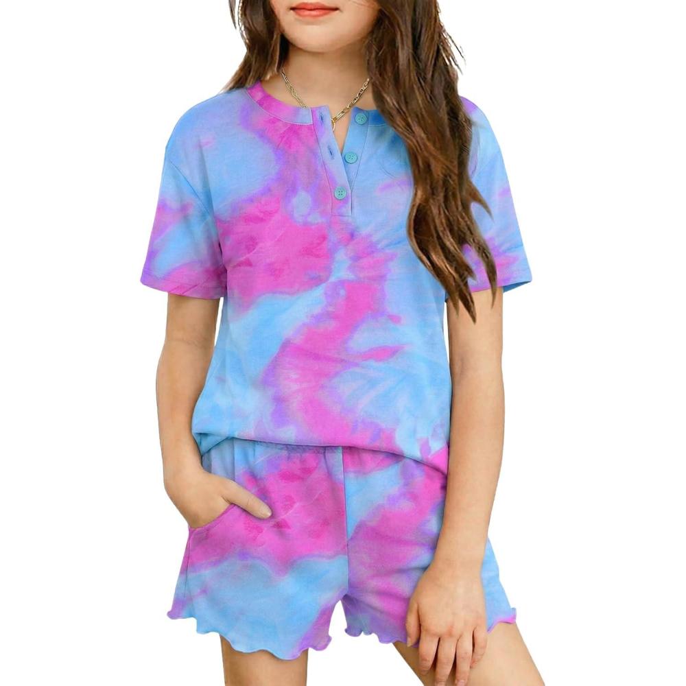 image:imageArshiner Girls Pajamas Short Sleeve Button Pjs Cute Lettuce Loungewear Tie Dye SleepwearTie Dye Blue Purple