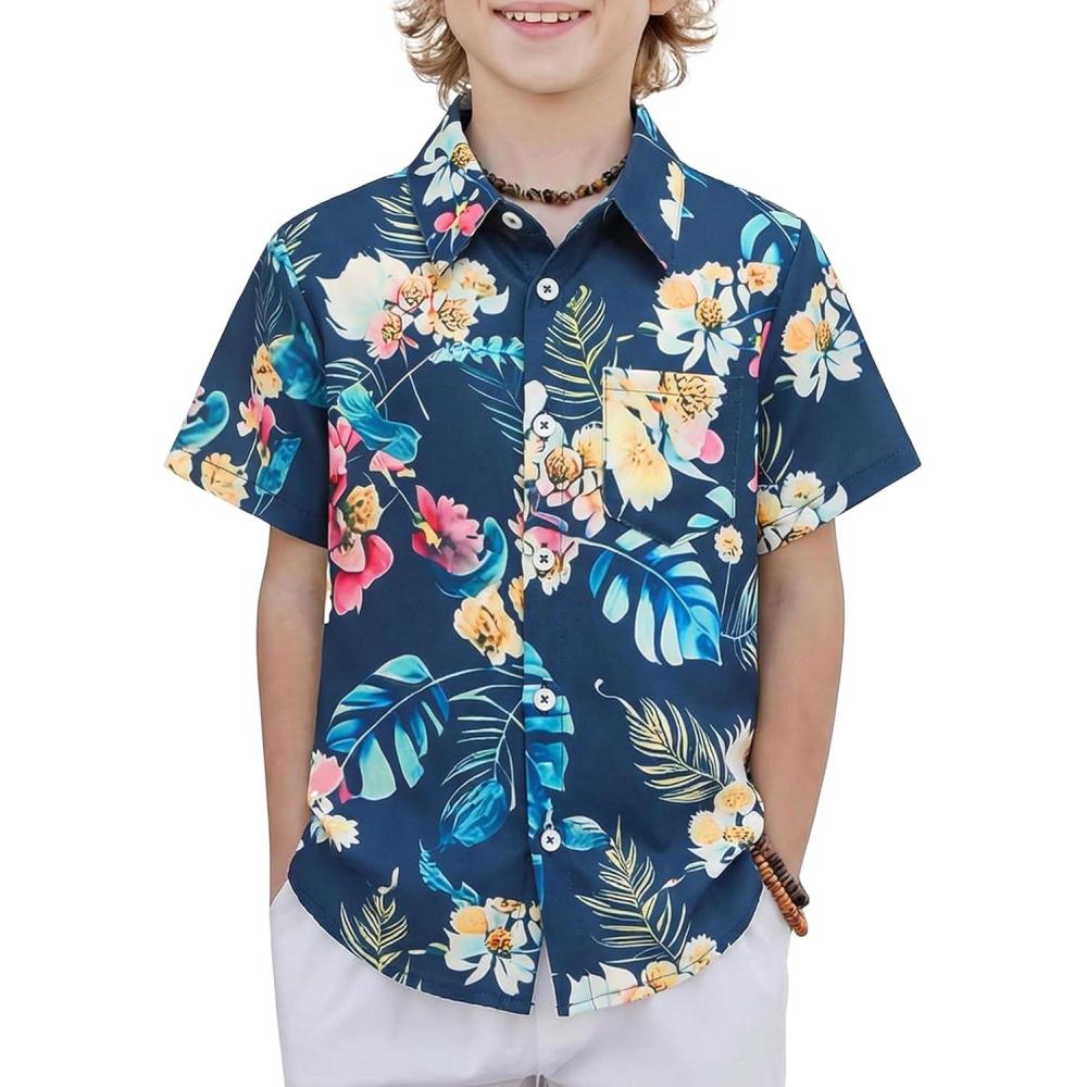 image:imageBoys Hawaiian Shirt Tropical Short Sleeve Button Down Shirt Summer Floral Beach Shirts with Pocket for 414 YearsBlue Hawaiian Print