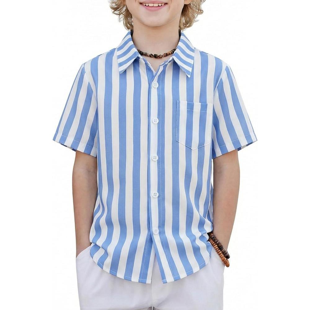 image:imageBoys Hawaiian Shirt Tropical Short Sleeve Button Down Shirt Summer Floral Beach Shirts with Pocket for 414 YearsBlue and White Stripes