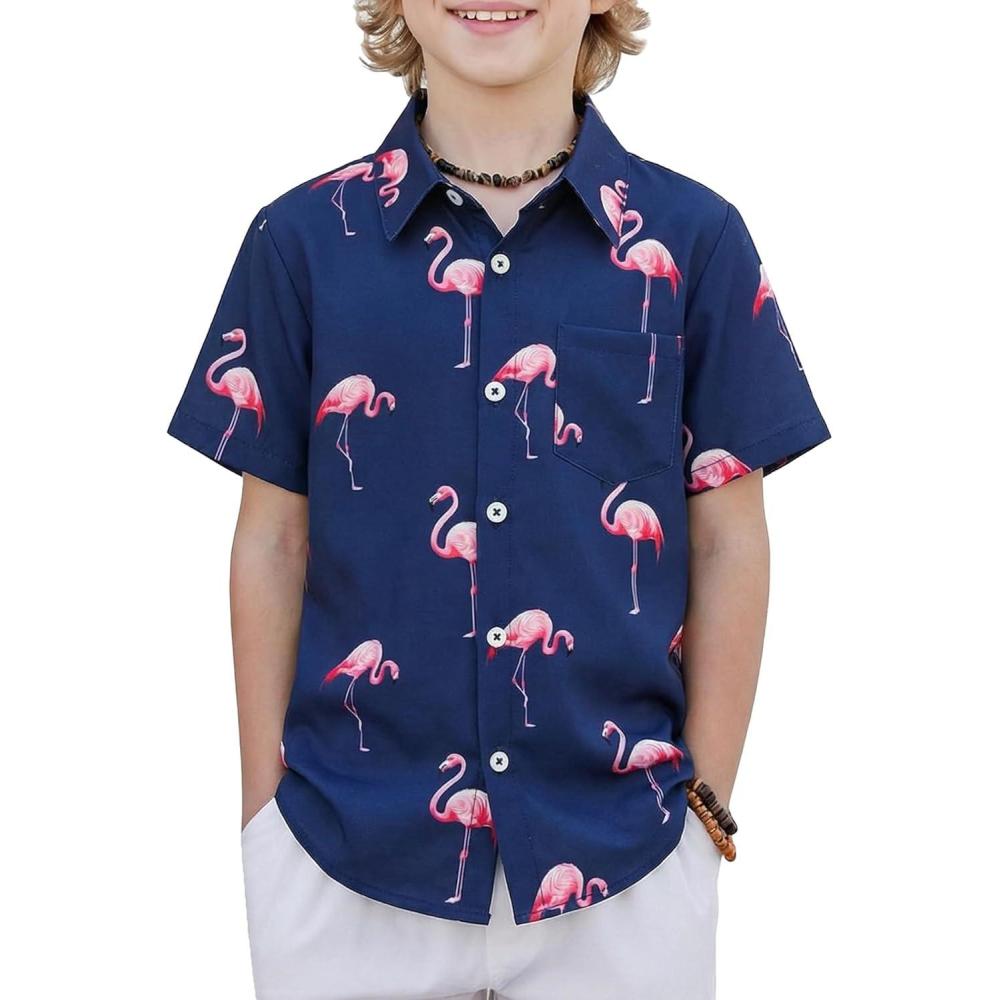 image:imageBoys Hawaiian Shirt Tropical Short Sleeve Button Down Shirt Summer Floral Beach Shirts with Pocket for 414 YearsDeep Blue Flamingo
