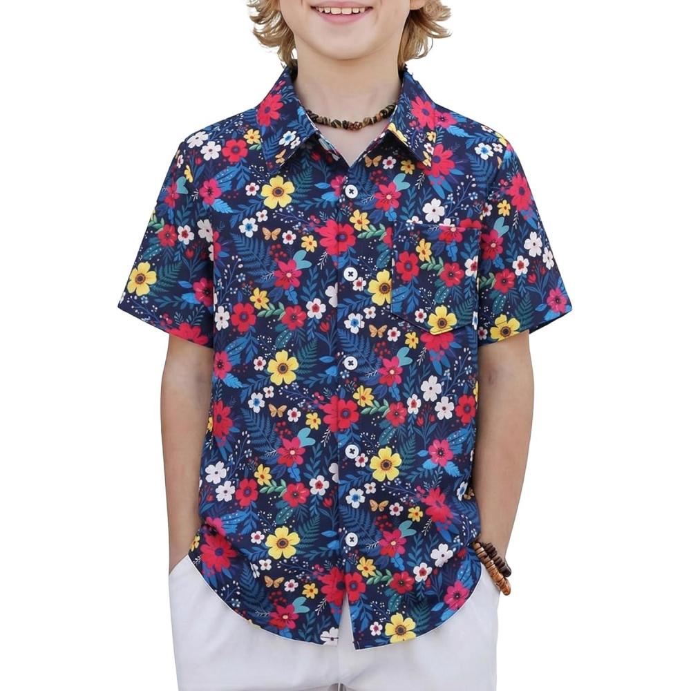 image:imageBoys Hawaiian Shirt Tropical Short Sleeve Button Down Shirt Summer Floral Beach Shirts with Pocket for 414 YearsNavy Bluecolorful Flowers