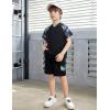 Arshiner Boys 2 Piece Summer Outfits Letter Graphic Colorblock Short Sleeve Hoodie and Short Sets with Pockets 5-12 Years(Black Graphic Print)