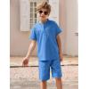 Arshiner Boy’s 2 Pieces Cotton Linen Set Casual Henley Shirts Short Sleeve Beach Shorts Summer Outfits for 5-12 Years(Blue)