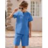 Arshiner Boy’s 2 Pieces Cotton Linen Set Casual Henley Shirts Short Sleeve Beach Shorts Summer Outfits for 5-12 Years(Blue)
