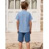 Arshiner Boy’s 2 Pieces Cotton Linen Set Casual Henley Shirts Short Sleeve Beach Shorts Summer Outfits for 5-12 Years(Blue Stripes & Navy)