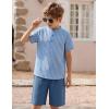 Arshiner Boy’s 2 Pieces Cotton Linen Set Casual Henley Shirts Short Sleeve Beach Shorts Summer Outfits for 5-12 Years(Blue Stripes & Navy)