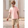 Arshiner Boy’s 2 Pieces Cotton Linen Set Casual Henley Shirts Short Sleeve Beach Shorts Summer Outfits for 5-12 Years(Pink & Khaki)